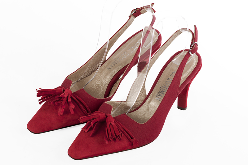 Cardinal red women's open back shoes, with a knot. Tapered toe. High slim heel. Front view - Florence KOOIJMAN